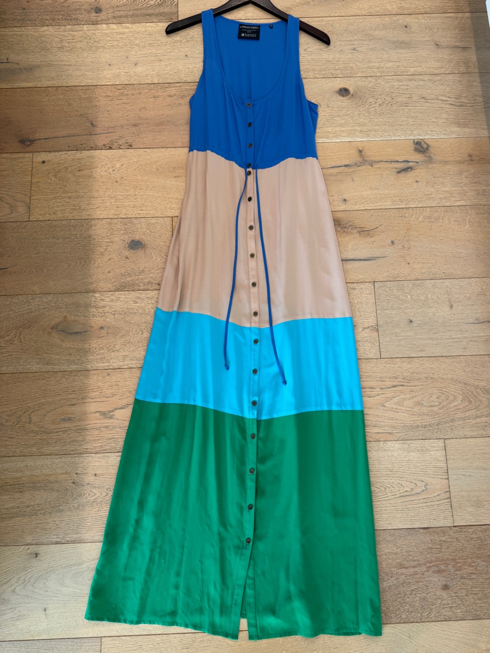 Cynthia Vincent Colorblock Maxi Dress in Blue, Beige, Turquoise & Green